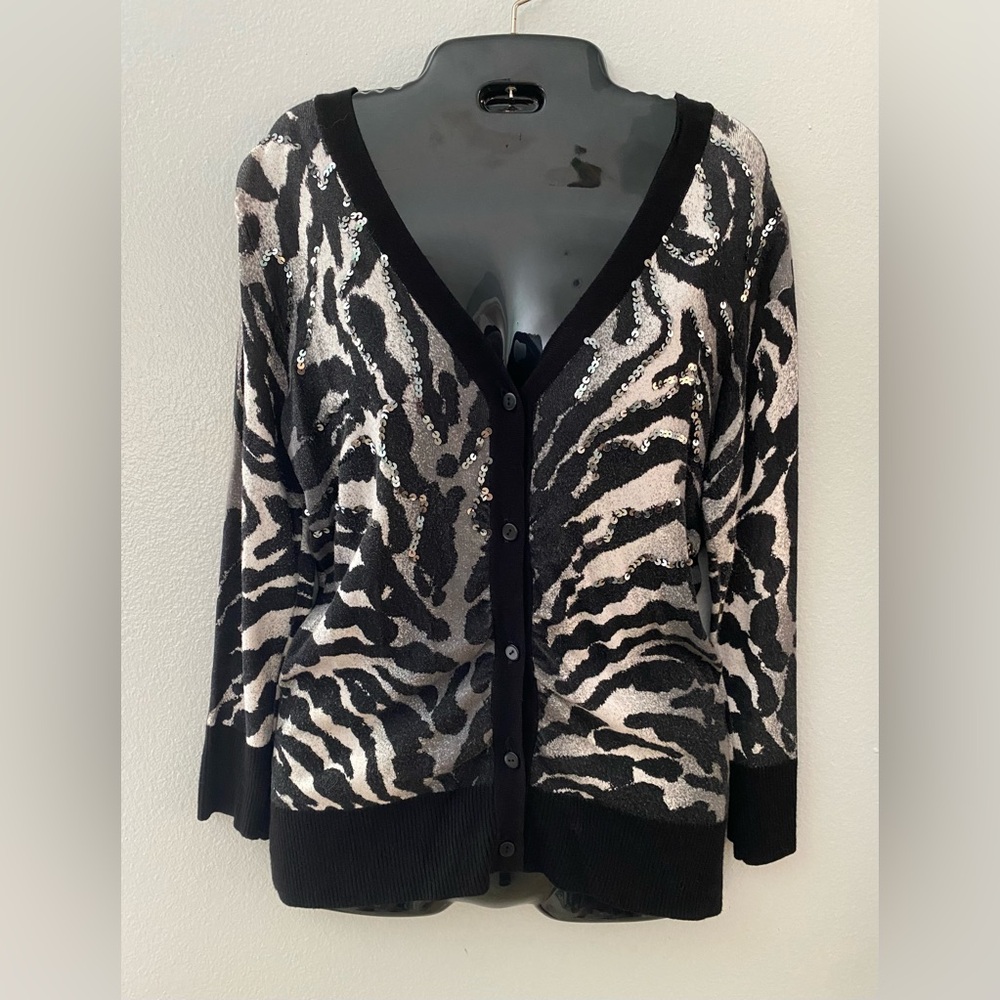 CACHE Zebra Print Sequin Cardigan Sweater Sz SM